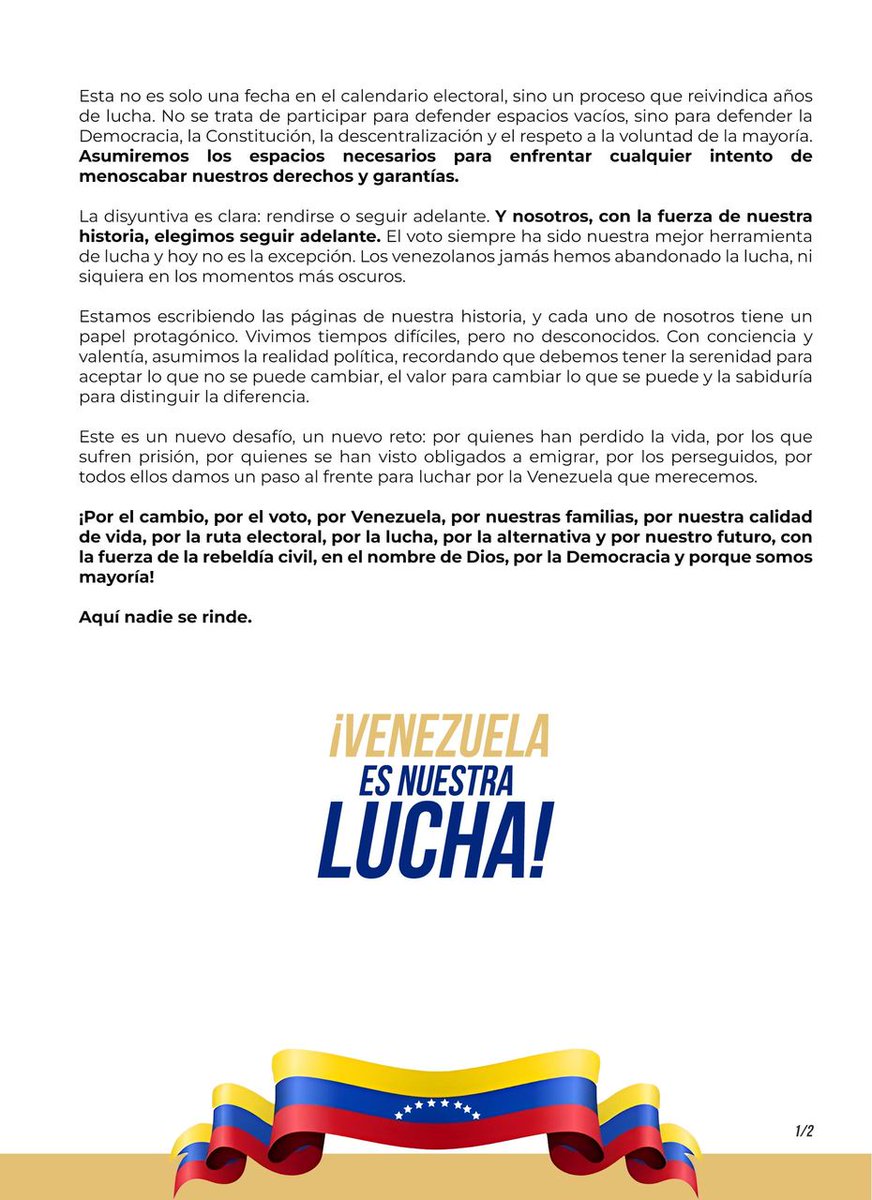 Con un compromiso claro, somos el presente y el futuro del país 🇻🇪 

Yo elijo la calle, el debate, la lucha por cada voto de Caracas. Venezuela necesita voces que se atrevan a construir futuro. 

#AquiNadieSeRinde #EsNuestraLucha