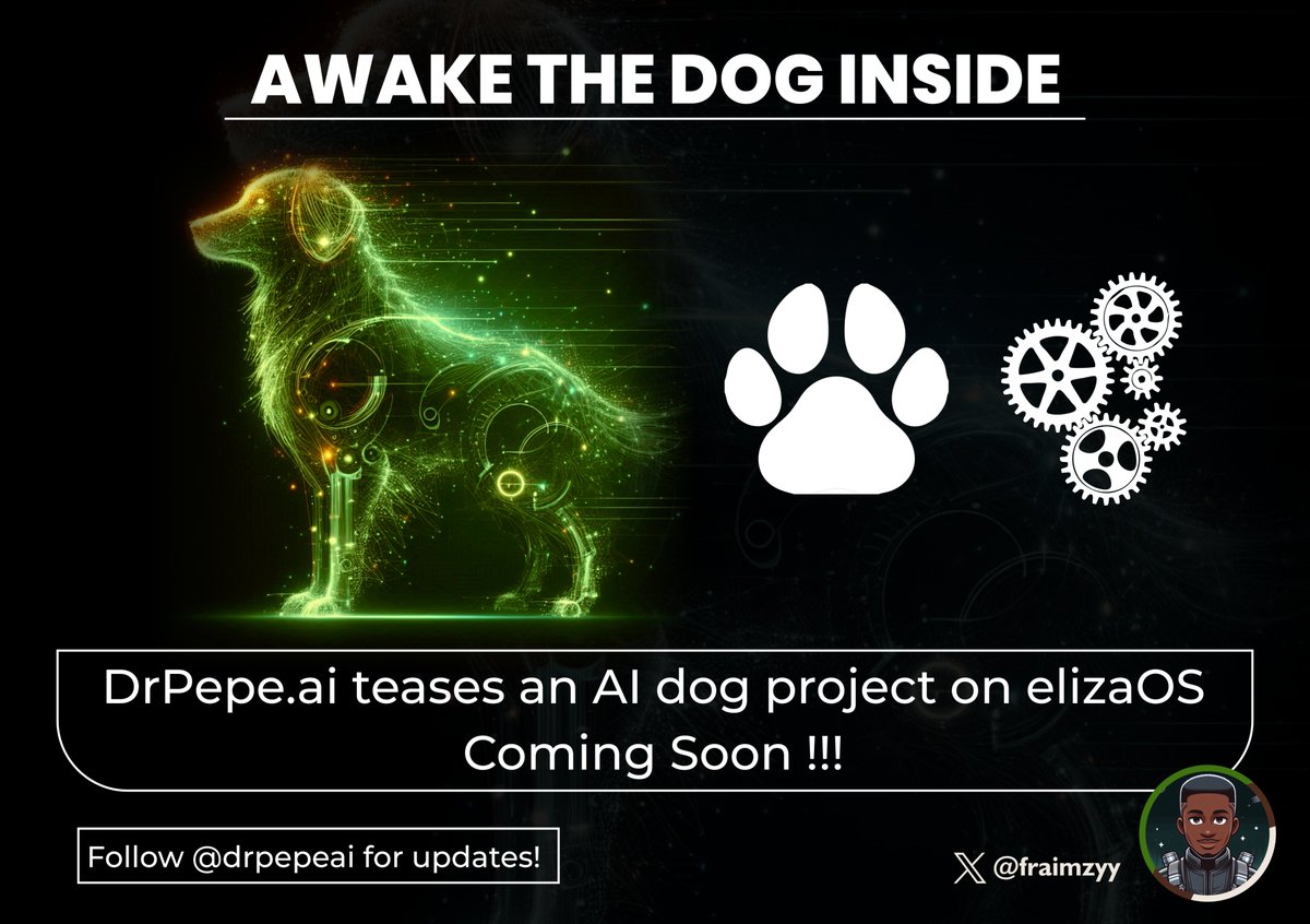 FraimzyDesigns's tweet photo. Unleash the Future: Meet the AI Dog on @elizaOS 🐾✨
#drpepeai #LongevityScience #Innovation #AIPetTech https://t.co/IKrNQPYMdx