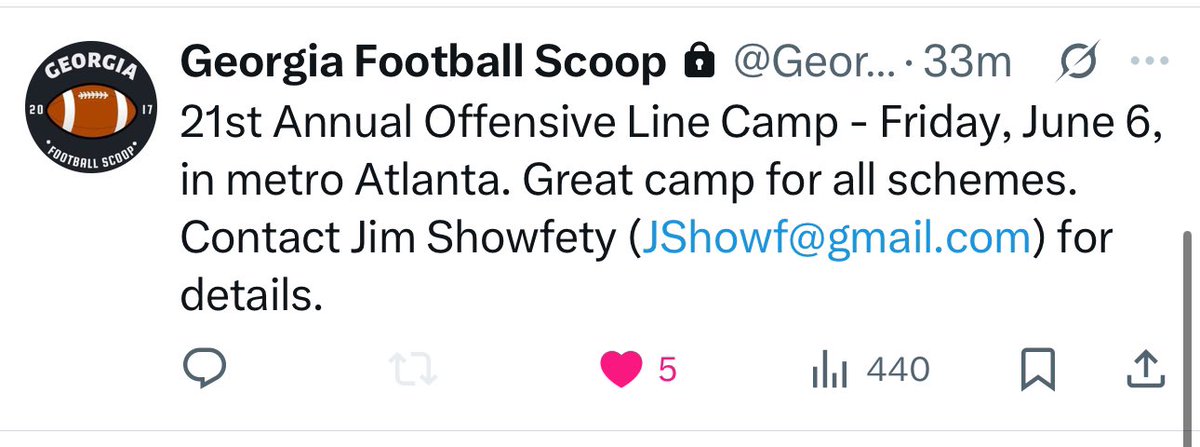 Brad Johnson (@coachjohnson_te) on Twitter photo 21st Annual Offensive Line Camp. One of the best camps around! Contact <a href="/JimShowfety/">Jim Showfety</a>
Email: jshowf@gmail.com 21st Annual Offensive Line Camp. One of the best camps around! Contact <a href="/JimShowfety/">Jim Showfety</a>
Email: jshowf@gmail.com