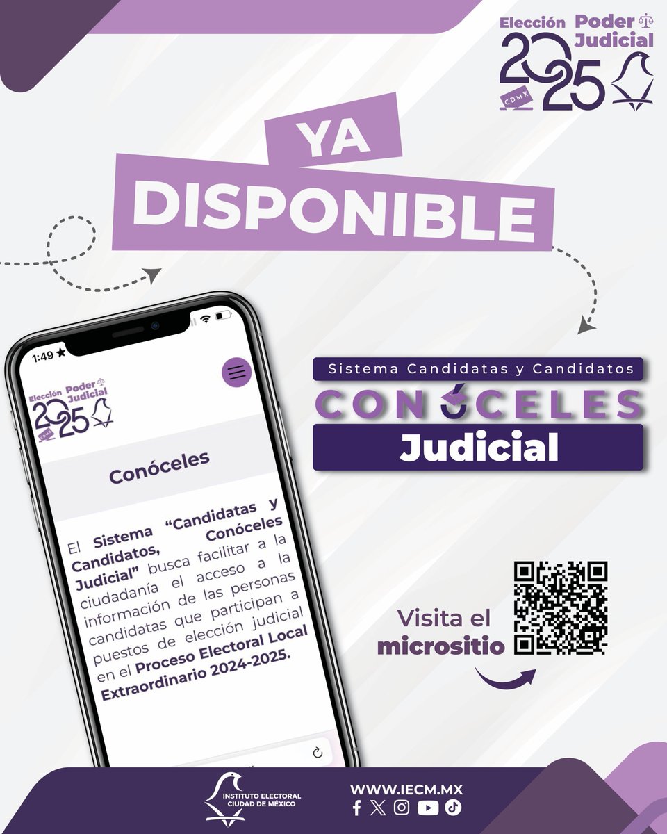 El Sistema “Candidatas y Candidatos, Conóceles Judicial” ya está disponible para que lo consultes. Aquí podrás conocer los perfiles de las personas candidatas en la elección del Poder Judicial, sólo ingresa a esta liga iecm.mx/www/sites/pode… ​

#TúDecidesQuiénJuzga