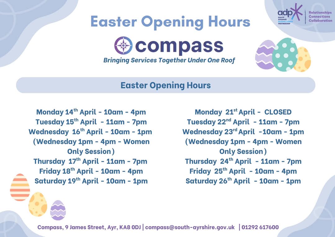 South Ayrshire ADP (@southayradp) on Twitter photo Compass opening hours over Easter. Open as usual except Monday 21st when we will be closed for the day. Compass opening hours over Easter. Open as usual except Monday 21st when we will be closed for the day.
