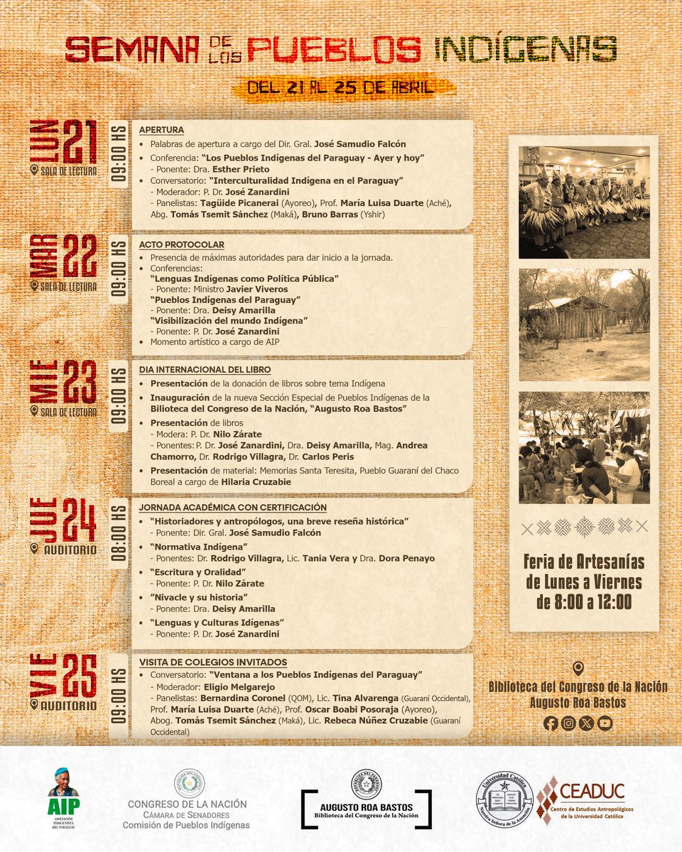 ¡Están ustedes cordialmente invitados/as a la SEMANA DE LOS PUEBLOS INDÍGENAS 
• Homenaje a Marilín Rehnfeldt • 

🎟️ Acceso libre y gratuito.

📥 Link de inscripción para la Jornada Académica con certificación del día Jueves 24 de abril, 2025 
forms.gle/ad9K2UiivrnP4L…