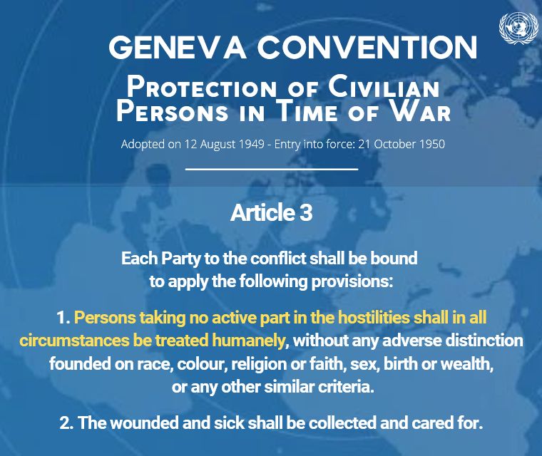 The Geneva Convention protects civilians in conflict and helps ensure assistance reaches those in need, without discrimination. 

𝗣𝗮𝗿𝘁𝗶𝗲𝘀 𝘁𝗼 𝗮𝗿𝗺𝗲𝗱 𝗰𝗼𝗻𝗳𝗹𝗶𝗰𝘁𝘀 𝗺𝘂𝘀𝘁 𝗮𝗯𝗶𝗱𝗲 𝗯𝘆 𝘁𝗵𝗲𝘀𝗲 𝗿𝘂𝗹𝗲𝘀. 

buff.ly/DXmf14a 
#NotATarget