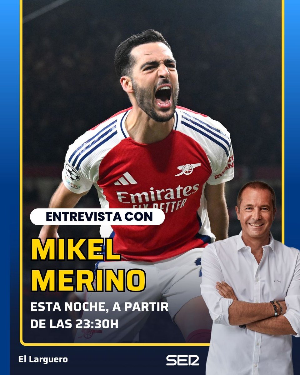🚨‼️ ¡Esta noche, <a href="/mikelmerino1/">Mikel Merino</a> estará en #ElLarguero con @ManuCarreno!

🎯🚩 El nuevo 'killer' del <a href="/Arsenal/">Arsenal</a>, autor de un gol en el partido de ida contra el @RealMadrid, se prepara para evitar la remontada en el Bernabéu

⏱️ A partir de las 23.30h, sigue la entrevista en vídeo