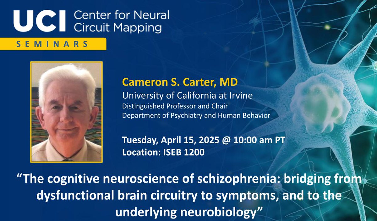 UCI_NeurCircuit's tweet image. Excited to announce Cameron S. Carter (UCI) as our next speaker!
📢“The cognitive neuroscience of schizophrenia: bridging from dysfunctional brain circuitry to symptoms, and to the underlying neurobiology"
🗓️April 15 @ 10 AM - 11 AM
📍ISEB 1200
forms.gle/Ey7qLi3wwcPGCY…