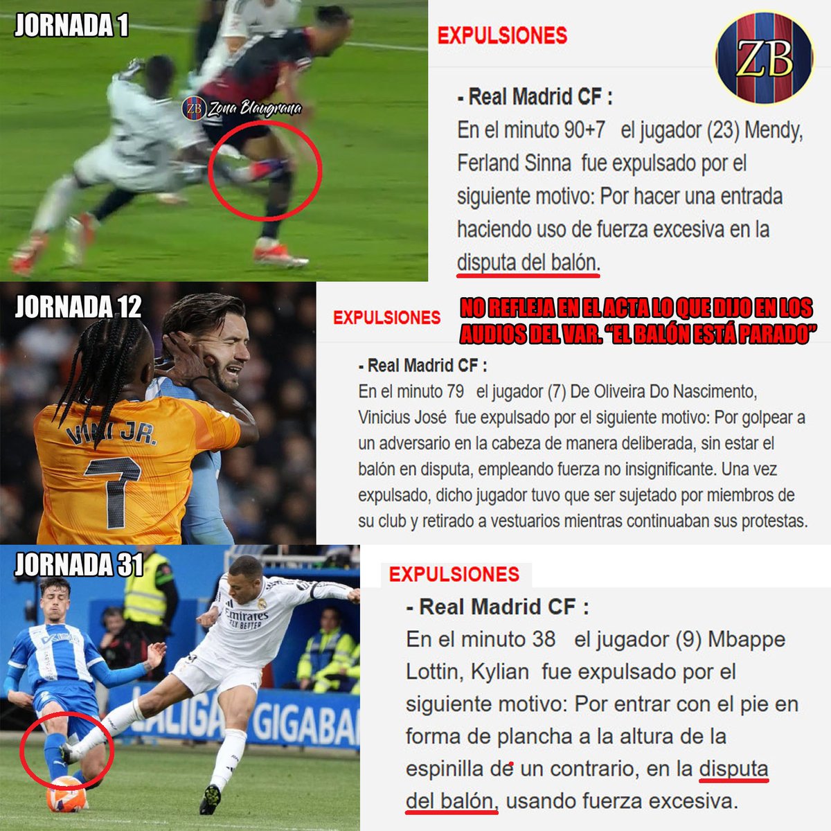 Zona_Blaugrana's tweet photo. Soto Grado esta temporada ha manipulado el acta hasta en 3⃣ ocasiones, para minimizar las sanciones de los jugadores del Real Madrid:

▫️ J1. Expulsión de Mendy: "Disputa del balón"

▫️ J12. Expulsión de Vinícius: 🔊"Balón parado"

▫️ J31. Expulsión de Mbappé: "Disputa del balón" https://t.co/4paulU7nOl