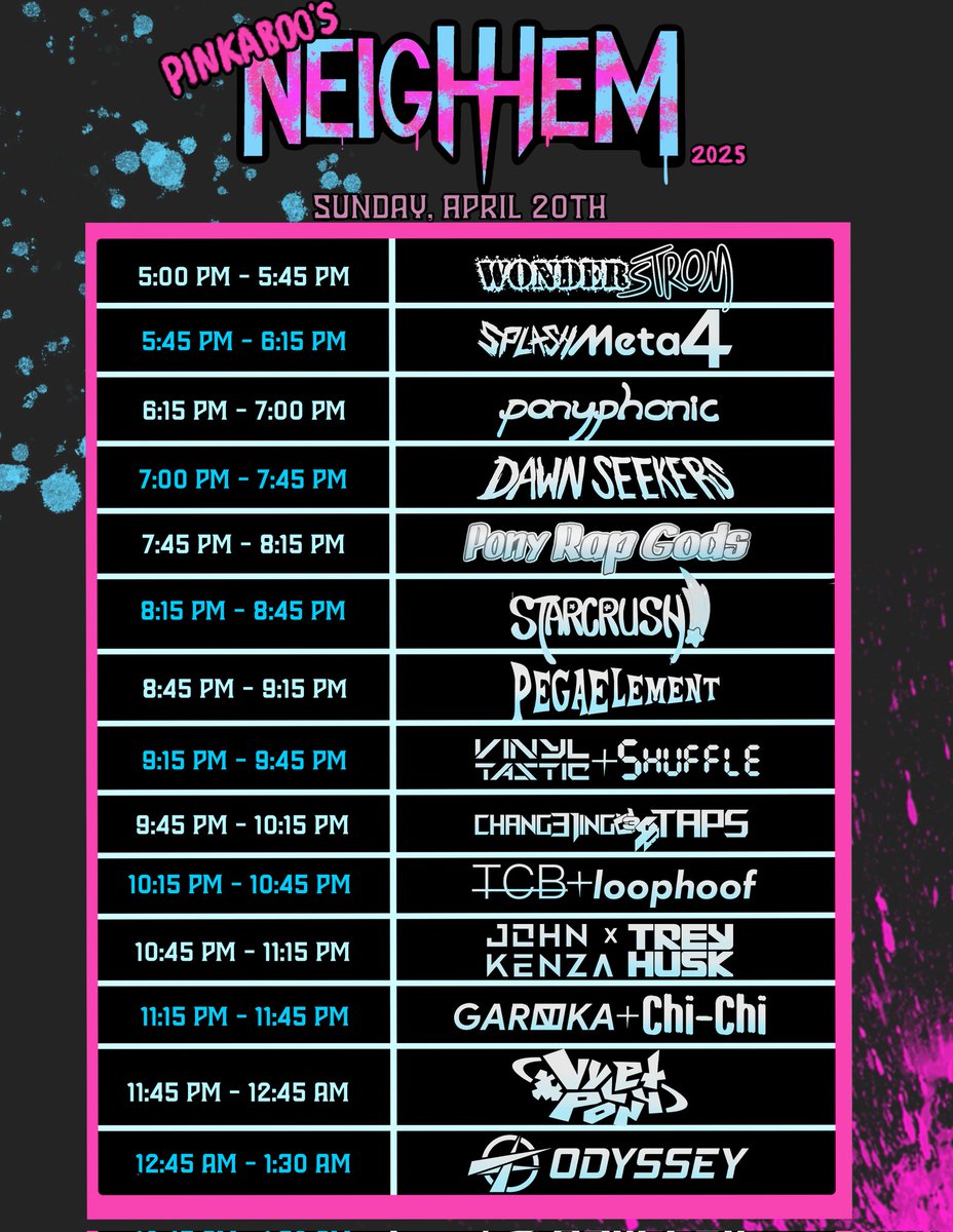 PonyFest Online and <a href="/PonyvilleFM/">PonyvilleFM</a> are proud to present Pinkaboo's <a href="/NeighhemF/">Pinkaboo's Neighhem</a> 2025! 
When: Sunday 20th April 
Where: PonyvilleFM, <a href="/ponytownteam/">Pony Town</a>, PonyFest Twitch, and in the PonyFest server! You can also go FOR FREE in person at Fox Theatre, Redwood City, CA. 
Here's the line-up: