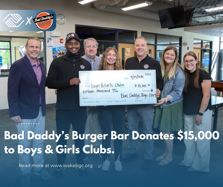Boys & Girls Clubs (@wakebgc) on Twitter photo A huge thank you to <a href="/BadDaddysBurger/">Bad Daddy's Burger Bar</a> for their generous donation of $15,000 to Boys & Girls Clubs! Your support helps us continue to provide transformative opportunities for our youth. We’re incredibly grateful for your partnership!
#GreatFutures A huge thank you to <a href="/BadDaddysBurger/">Bad Daddy's Burger Bar</a> for their generous donation of $15,000 to Boys & Girls Clubs! Your support helps us continue to provide transformative opportunities for our youth. We’re incredibly grateful for your partnership!
#GreatFutures