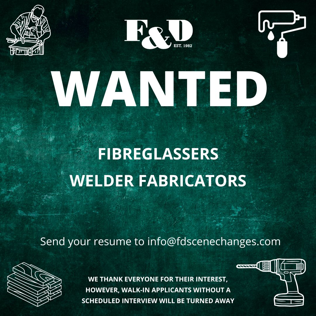 F&D Scene Changes (@fdscenechanges) on Twitter photo Think you could be a good fit? We'd love to chat! Please send your resume to info@fdscenechanges.com
Preference will be given to IATSE 212 members. Think you could be a good fit? We'd love to chat! Please send your resume to info@fdscenechanges.com
Preference will be given to IATSE 212 members.