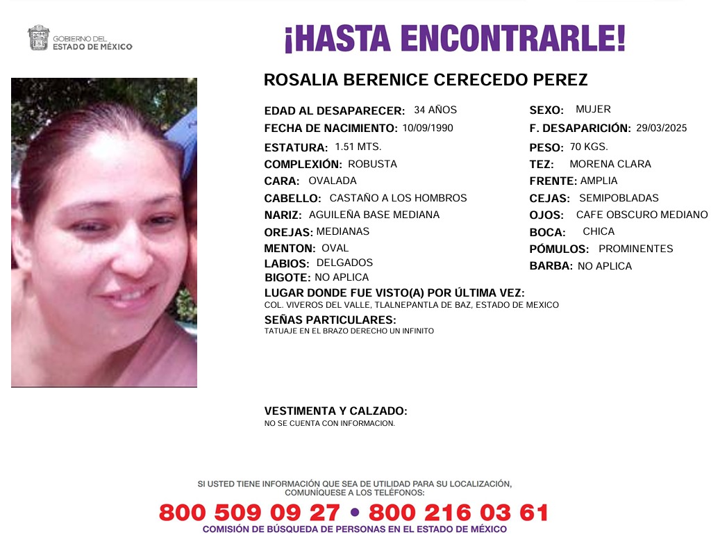 Solicitamos de tu apoyo en difusión para dar pronta localización a Rosalia Berenice Cerecedo Pérez, comunícate a los teléfonos de COBUPEM 800 216 0361, 800 509 0927. #TodosEnLaBúsqueda