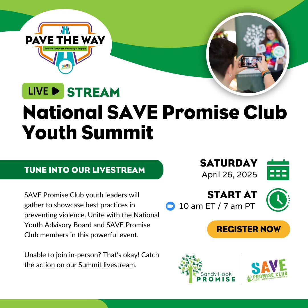 NATIONALSAVE's tweet image. Join us as we celebrate students taking action! Plan for your SAVE Promise Club to attend the National #SAVEPromiseClub Youth Summit on April 26. Unable to join in-person? That’s okay! Register by April 23 to catch the action on our livestream.
Register: sandyhookpromise.tfaforms.net/4844504?xr44=a…