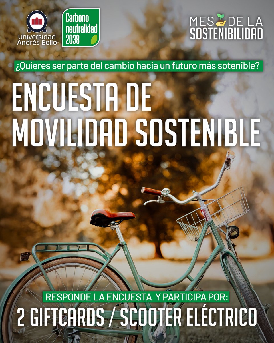 Sostenibilidad UNAB (@soste_unab) on Twitter photo 🚲💚 ¡Queremos construir una UNAB más sostenible y tu opinión es clave!
Participa en nuestra y cuéntanos cómo te trasladas hacia nuestros campus. 
✨ Al responder, ¡estarás participando por 2 giftcards o un scooter eléctrico!
🔗 forms.gle/aNESR7w9NxsMwv… 🚲💚 ¡Queremos construir una UNAB más sostenible y tu opinión es clave!
Participa en nuestra y cuéntanos cómo te trasladas hacia nuestros campus. 
✨ Al responder, ¡estarás participando por 2 giftcards o un scooter eléctrico!
🔗 forms.gle/aNESR7w9NxsMwv…