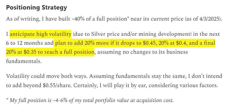$USAS 📈~20% since the write-up on 4/3, while the market remains largely flat. 

I mentioned I had 40% of a full position and planned to add at three lower prices ($0.45, $0.4, $0.35) over the next 6-12 months.
 
That was my plan. Then the Tariff crisis intensified, and in 3