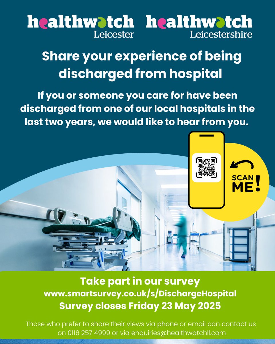 🏥Been discharged from hospital in the last 2 years?   

Share your views &amp; experiences in Leicester &amp; Leicestershire if you've been discharged from one of our local hospitals or care for someone who has.  

Feedback here smartsurvey.co.uk/s/DischargeHos……to improve these services.