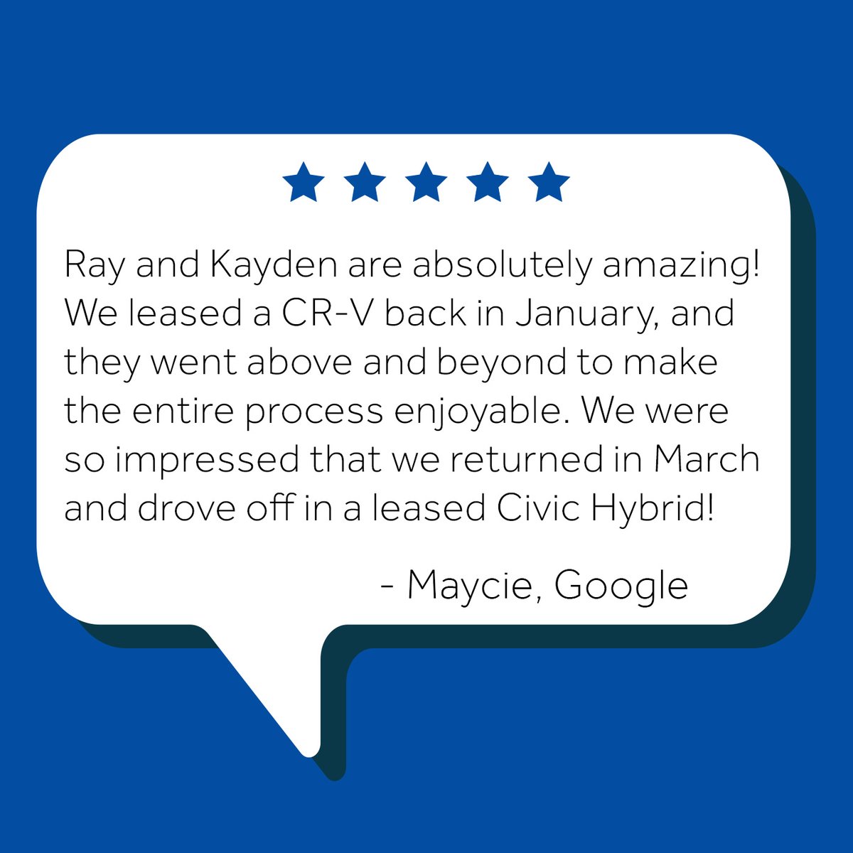 Thanks for taking the time to share your experience at Eskridge Honda, Maycie! It's great to hear Ray and Kayden did such an awesome job working together throughout the leasing process! Congrats again on your new Civic Hybrid!