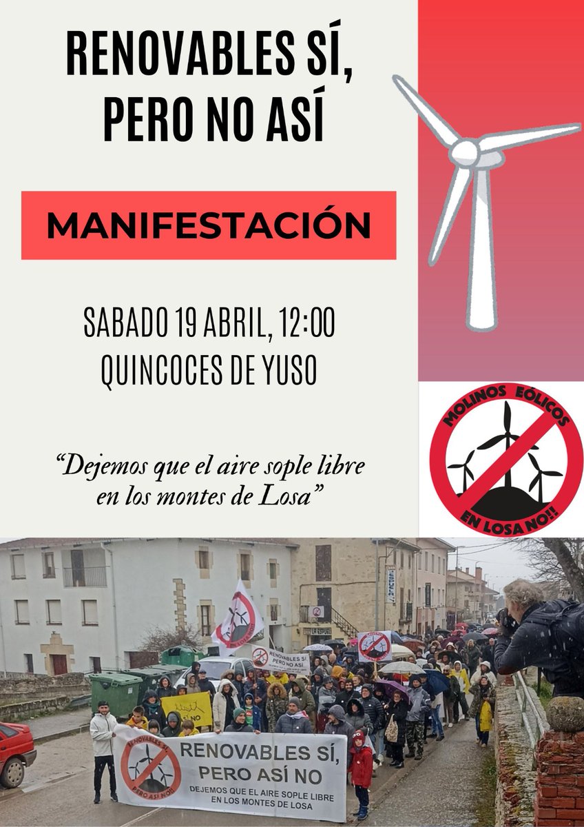 Volvemos a las calles!!
RENOVABLES SI, PERO NO ASÍ!!
Manifestación
Sábado 19 de Abril - 12h.
QUINCONCES DE YUSO
Valle de Losa
Merindades
#Burgos 
#RenovablesAsiNo