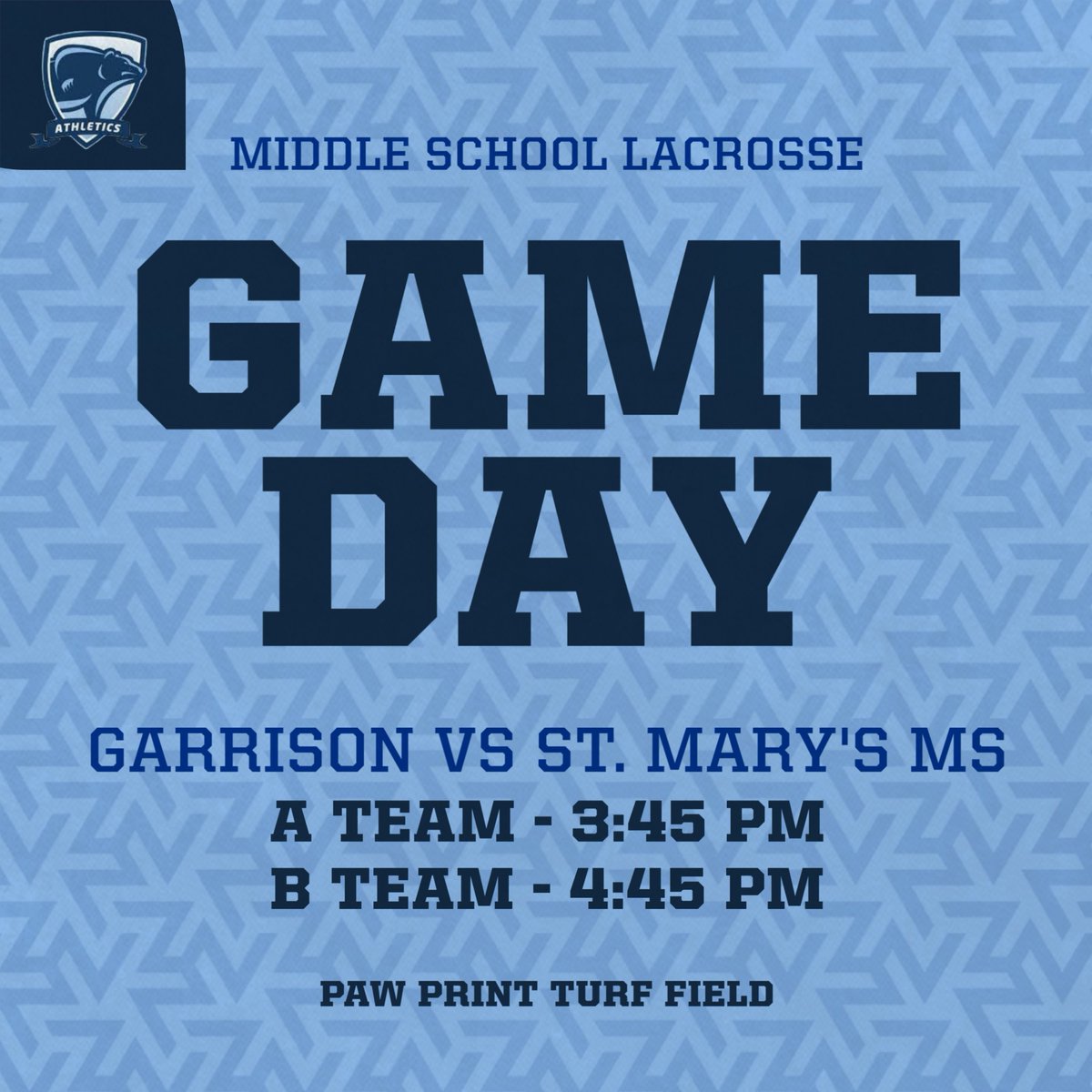Good luck Middle School Lacrosse!  A Team and B Team will play this afternoon on Paw Print Turf against St. Mary's MS!  Come out and cheer for our team!  #GOGRIZZLIES