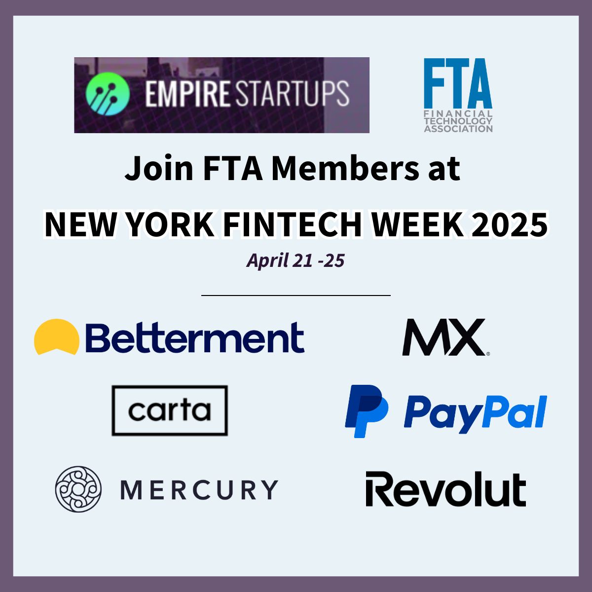 fintechassoc's tweet image. @EmpireStartups’s NY York Fintech Week is back – bringing together the entire startup ecosystem for a week of inclusive, collaborative events across the city. 

Don’t miss these events hosted by FTA member companies:
⭐️ Investor Only Networking Happy Hour on April 21 @ 5 PM…
