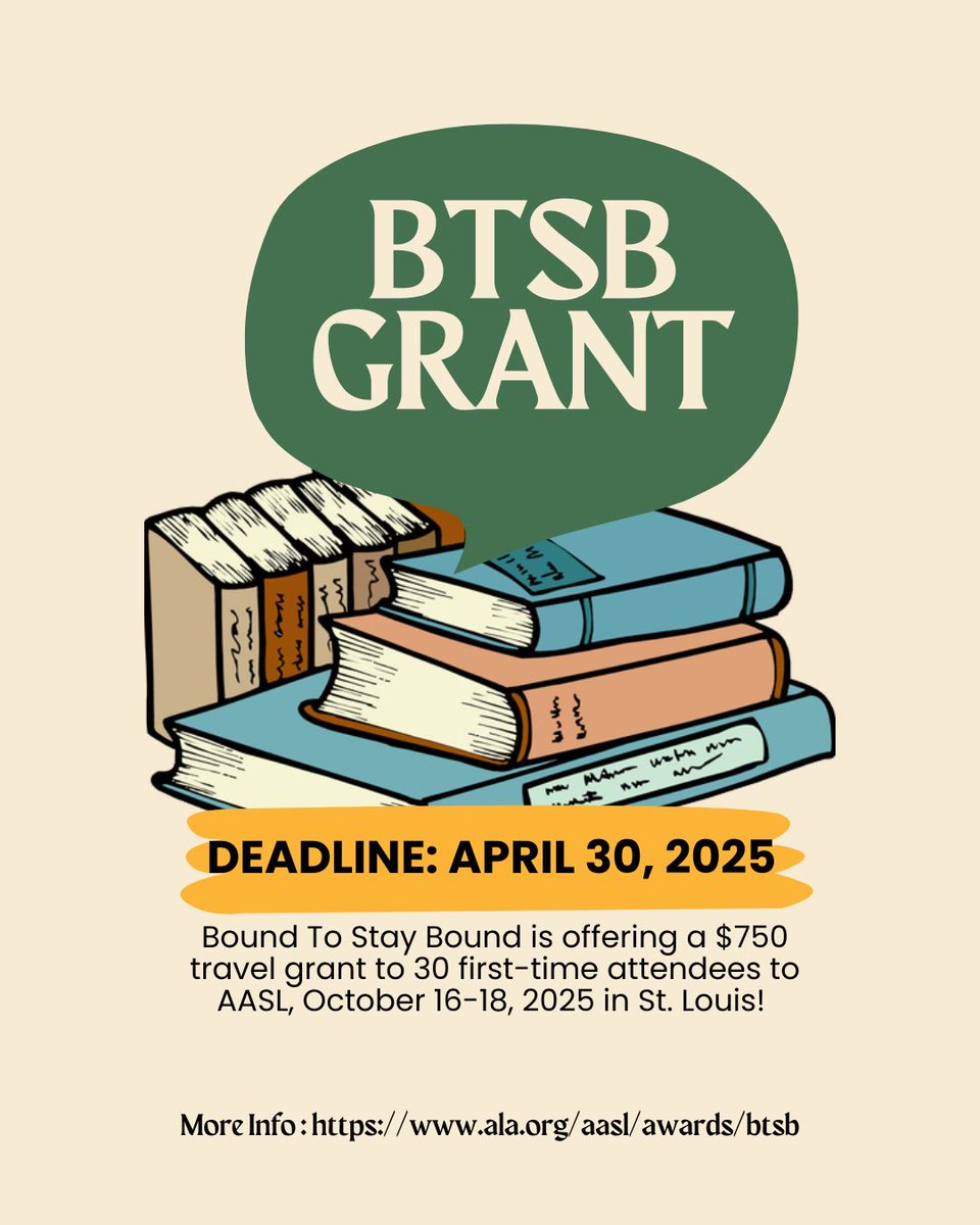 Hey there <a href="/TASLTN/">TASL</a> librarians! Bound to Stay Bound is sponsoring 30 librarians who will be attending the AASL Conference in October for the first time. Apply here y April 30th: ala.org/aasl/awards/bt…