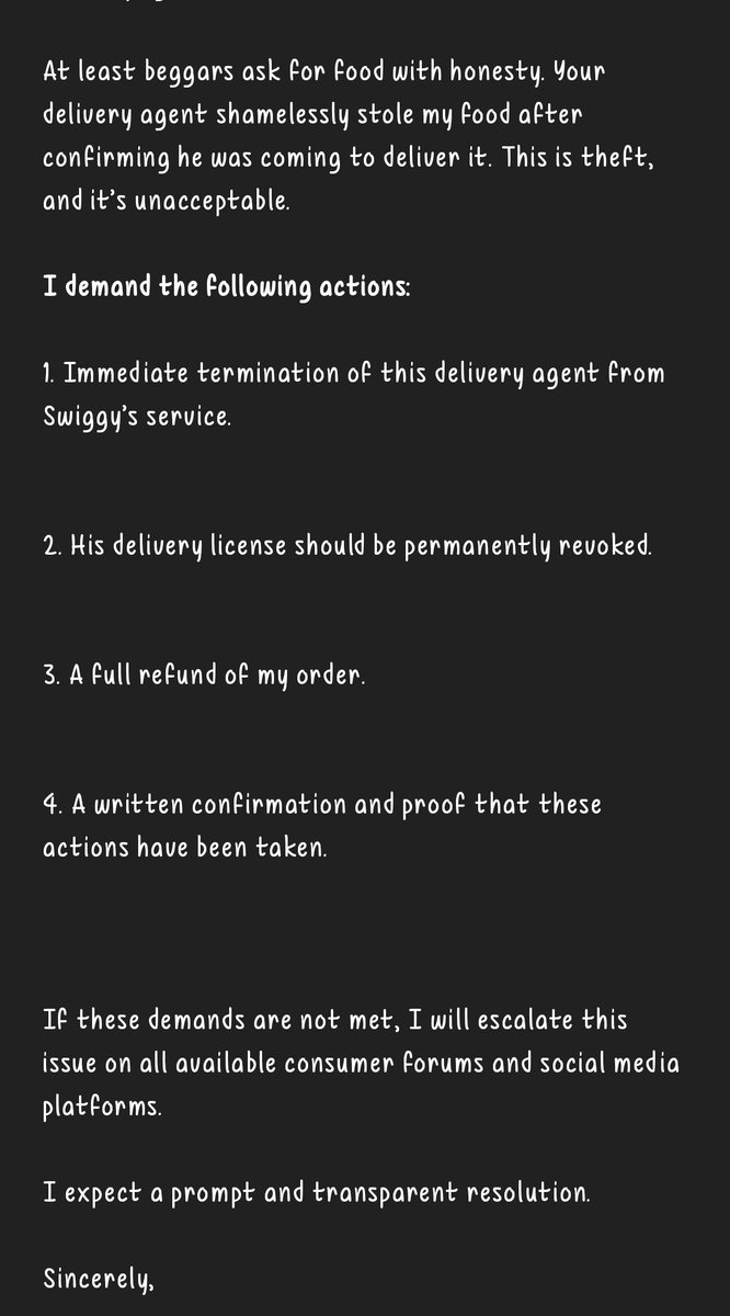 amitchalk's tweet photo. If these demands are not met, I will escalate this issue on all available consumer forums and social media platforms.

I expect a prompt and transparent resolution.
@WeAreSwiggy @harshamjty https://t.co/ZUXtVOGFqd