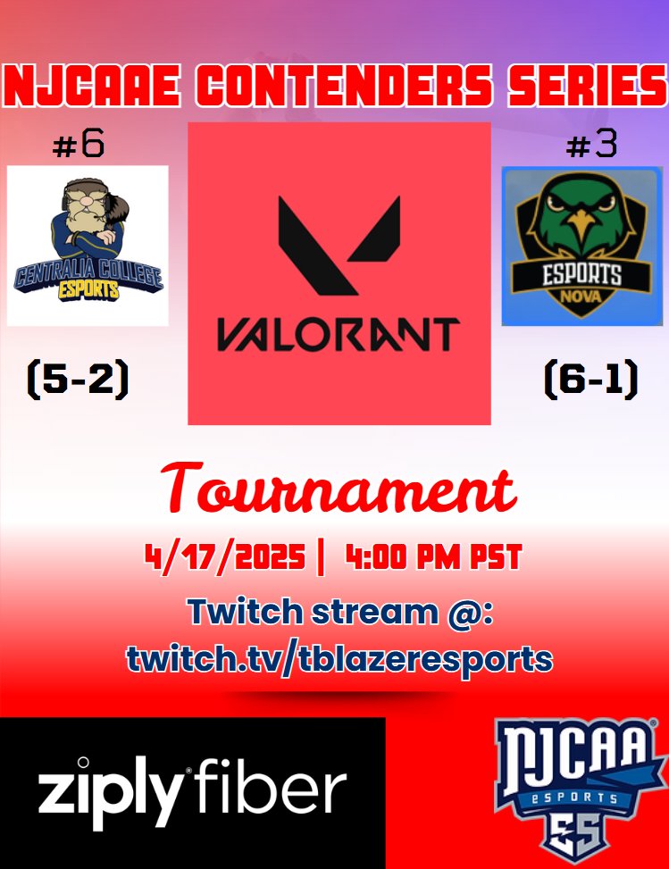 Centralia_Esports (@tblazer_esports) on Twitter photo Valorant takes the stage in <a href="/NJCAAe/">NJCAA Esports</a> post season action against <a href="/NVCCEsports/">NOVA Nighthawks Esports</a> at 4:00 PM PST on Twitch! #ZiplyFiber #Valorant Valorant takes the stage in <a href="/NJCAAe/">NJCAA Esports</a> post season action against <a href="/NVCCEsports/">NOVA Nighthawks Esports</a> at 4:00 PM PST on Twitch! #ZiplyFiber #Valorant