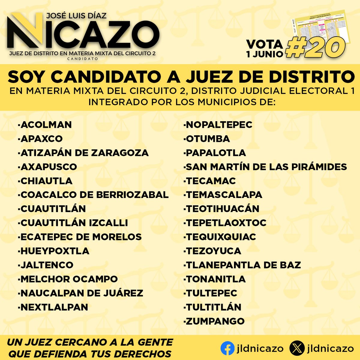 jldnicazo's tweet photo. Soy José Luis Díaz Nicazo, candidato a Juez de Distrito en Materia Mixta del Circuito 2, y estoy comprometido con una justicia humana, accesible y justa para todas y todos.

👇
https://t.co/Tgaj5TOOir https://t.co/QdNxNME35v