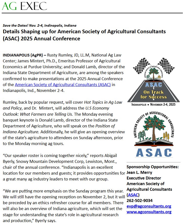 AgEXEC (@agexec) on Twitter photo AgEXEC: Save the Dates! Nov. 2-4, Indianapolis. Details Shaping up for American Society of Agricultural Consultants (ASAC) 2025 Annual Conference. agnewscenter.com/archives.cfm?n… <a href="/The_ASAC/">ASAC- American Society of Agricultural Consultants</a> <a href="/Morgan_Ag_Cnslt/">Morgan Ag Consulting Svcs LLC</a> #agconsultants #agleaders #aginnovation #agfinance AgEXEC: Save the Dates! Nov. 2-4, Indianapolis. Details Shaping up for American Society of Agricultural Consultants (ASAC) 2025 Annual Conference. agnewscenter.com/archives.cfm?n… <a href="/The_ASAC/">ASAC- American Society of Agricultural Consultants</a> <a href="/Morgan_Ag_Cnslt/">Morgan Ag Consulting Svcs LLC</a> #agconsultants #agleaders #aginnovation #agfinance