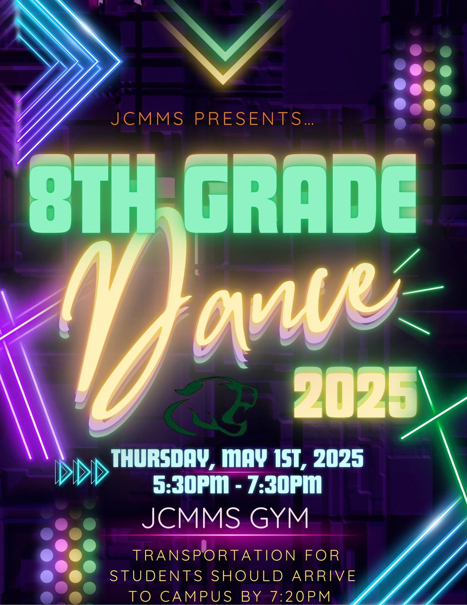The 2025 JCMMS 8th Grade Dance has officially been rescheduled for Thursday, May 1st, 2025 | 5:30pm  in the JCMMS Gym! All students transportation should be on campus no later than 7:20pm to pick up students! #JCMMS #8thGradeDance25  #cougarpride 💚💛💚💛