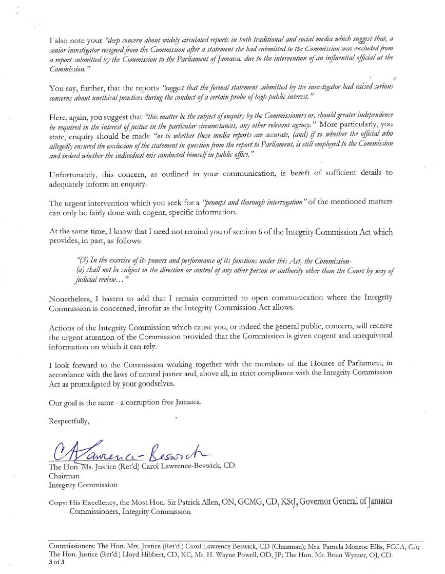 Public Notice 

The attached Integrity Commission Media Release, inclusive of a three (3) page letter at the hand of the Commission’s Chairman, the Hon. Ms. Justice (Ret’d) Carol Lawrence Beswick, was issued a short while ago.