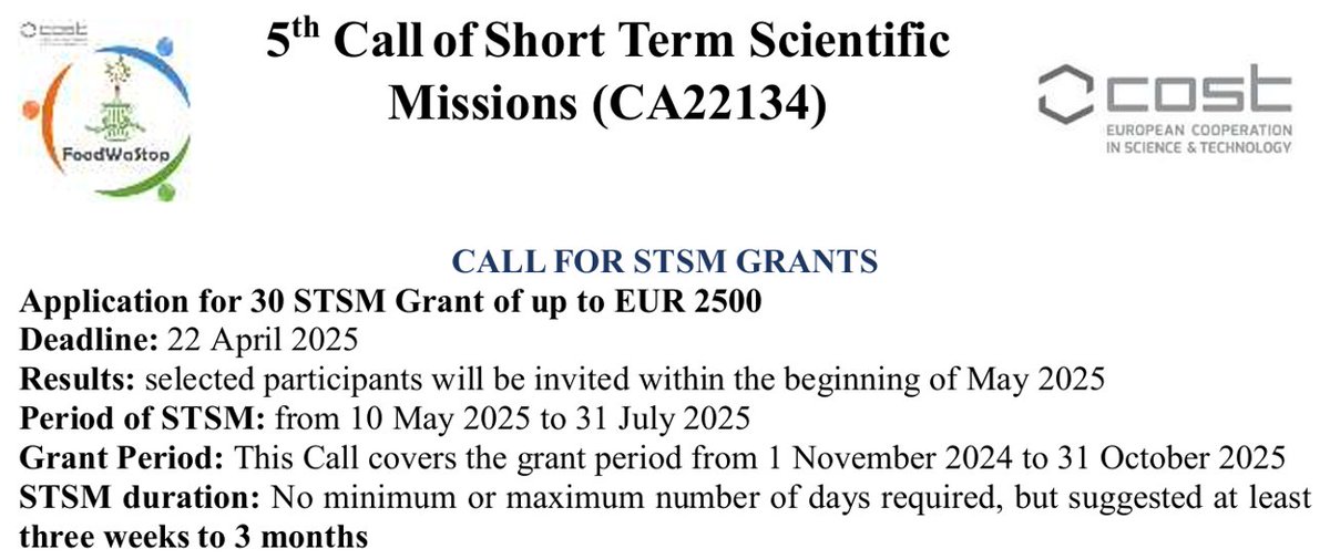 Do you want to spend a period of 3 weeks to 3 months in a foreign lab? Apply within 22 April for a STSM of COST #FoodWaStop CA22134 Action, application at the link: foodwastop.eu/wp-content/upl…