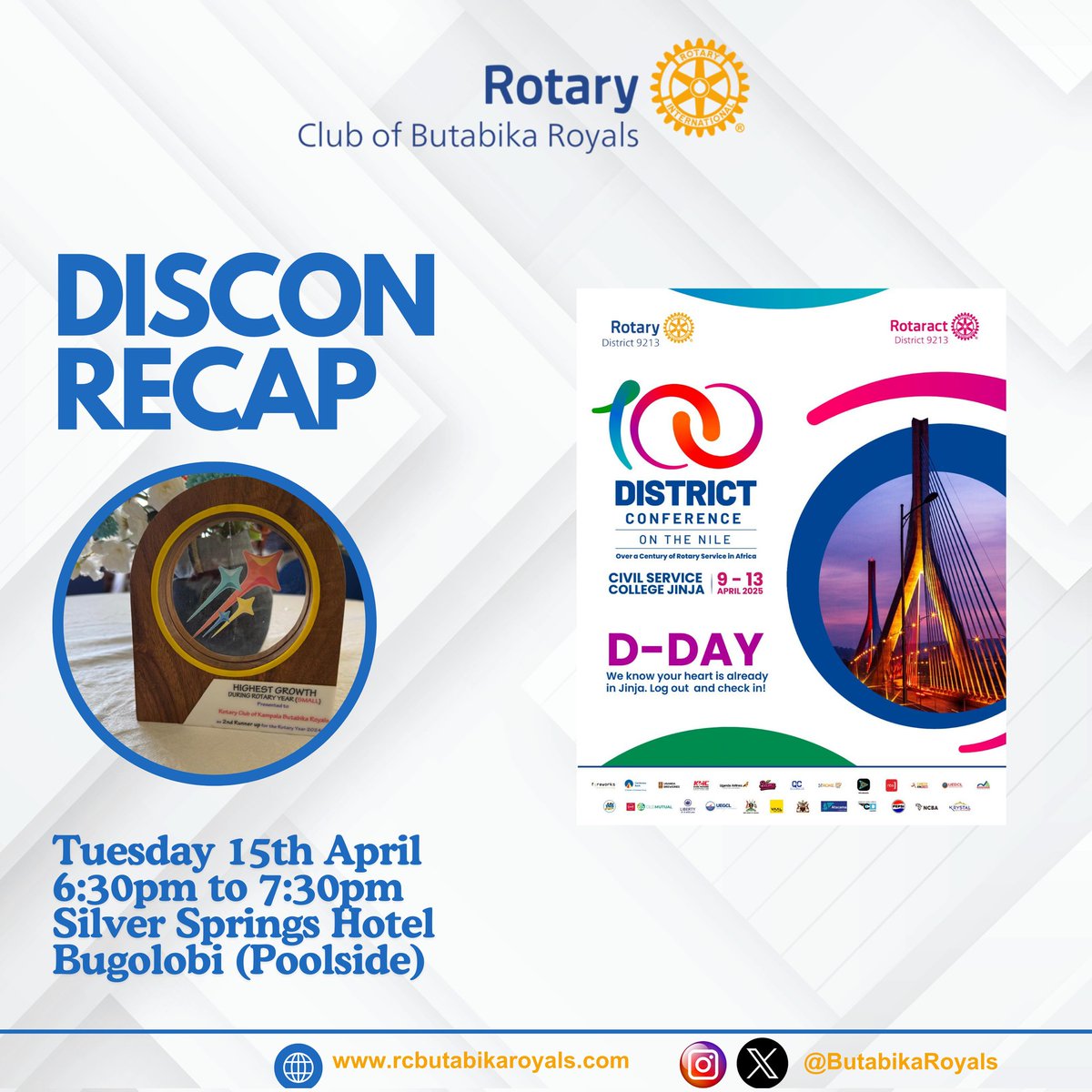 ButabikaRoyals's tweet photo. Join us for fellowship tomorrow as we have a recap of the 100th DISCON and celebrate our award at 
Silver Springs Hotel Bugolobi, Pool Side
6.30pm - 7.30 pm https://t.co/ykvs3vEtpq