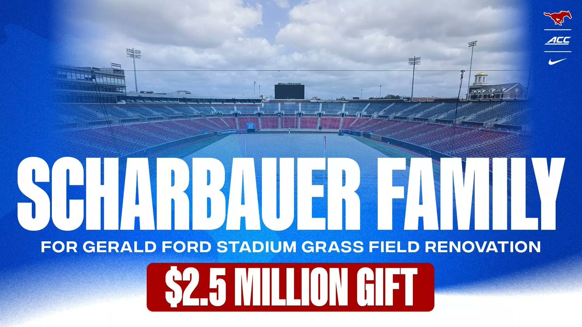 Mustang Club (@smumustangclub) on Twitter photo Thank you to Karen Johnson Scharbauer ’74 and Sarah A. Scharbauer ’03 for their $2.5M gift for the grass field renovation at Gerald J. Ford Stadium! Their generosity makes this facility enhancement possible and represents an exciting step forward for SMU Athletics and <a href="/SMUFB/">SMU Football</a> 🐴⬆️ Thank you to Karen Johnson Scharbauer ’74 and Sarah A. Scharbauer ’03 for their $2.5M gift for the grass field renovation at Gerald J. Ford Stadium! Their generosity makes this facility enhancement possible and represents an exciting step forward for SMU Athletics and <a href="/SMUFB/">SMU Football</a> 🐴⬆️