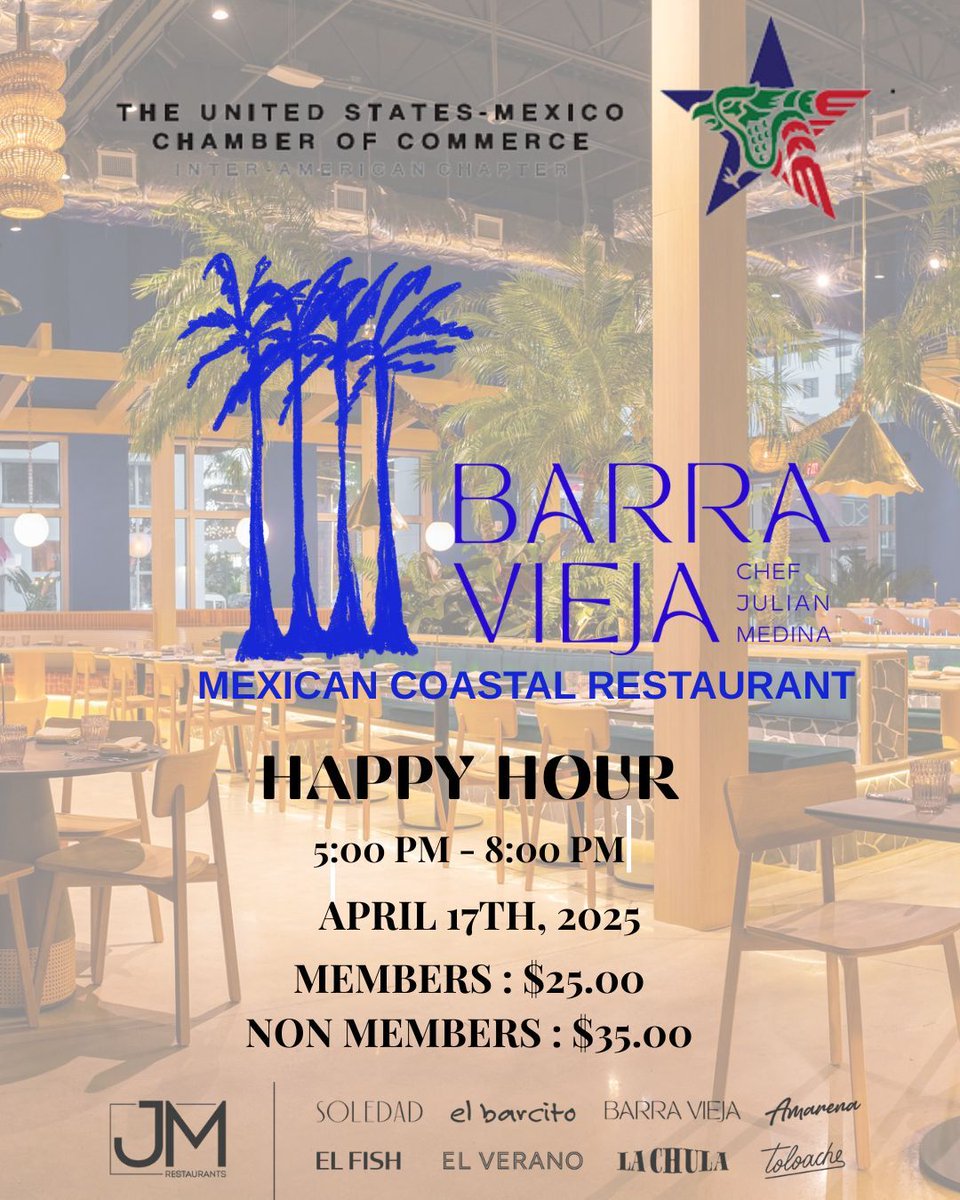 🎉 You're Invited! 🌮🍸 Join us April 17, 5–8 PM ET for a Happy Hour at Barra Vieja—Doral’s newest coastal hotspot! Network, savor bold flavors &amp; vibe in style.

👉 Register: bit.ly/3GnQwfG
#BarraVieja #NetworkingEvent