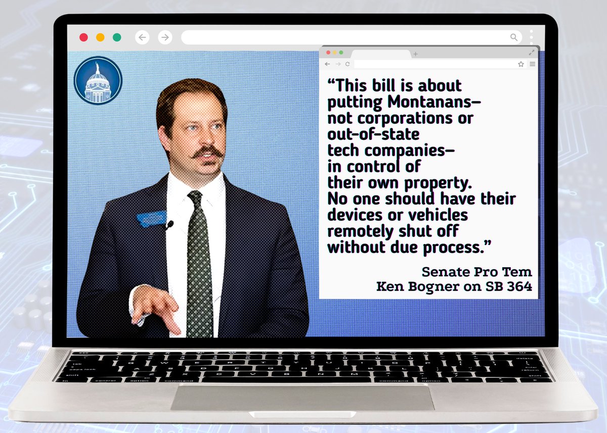 Montana Senate Republicans (@mtsenategop) on Twitter photo Sen. <a href="/KennethBogner/">Ken Bogner</a>'s SB 364 advanced on the Senate floor today.
It bans "kill switches" from being used to remotely shut down Montanans' cellphones, cars, and other electronics without a warrant or their consent.
#mtleg #mtpol Sen. <a href="/KennethBogner/">Ken Bogner</a>'s SB 364 advanced on the Senate floor today.
It bans "kill switches" from being used to remotely shut down Montanans' cellphones, cars, and other electronics without a warrant or their consent.
#mtleg #mtpol
