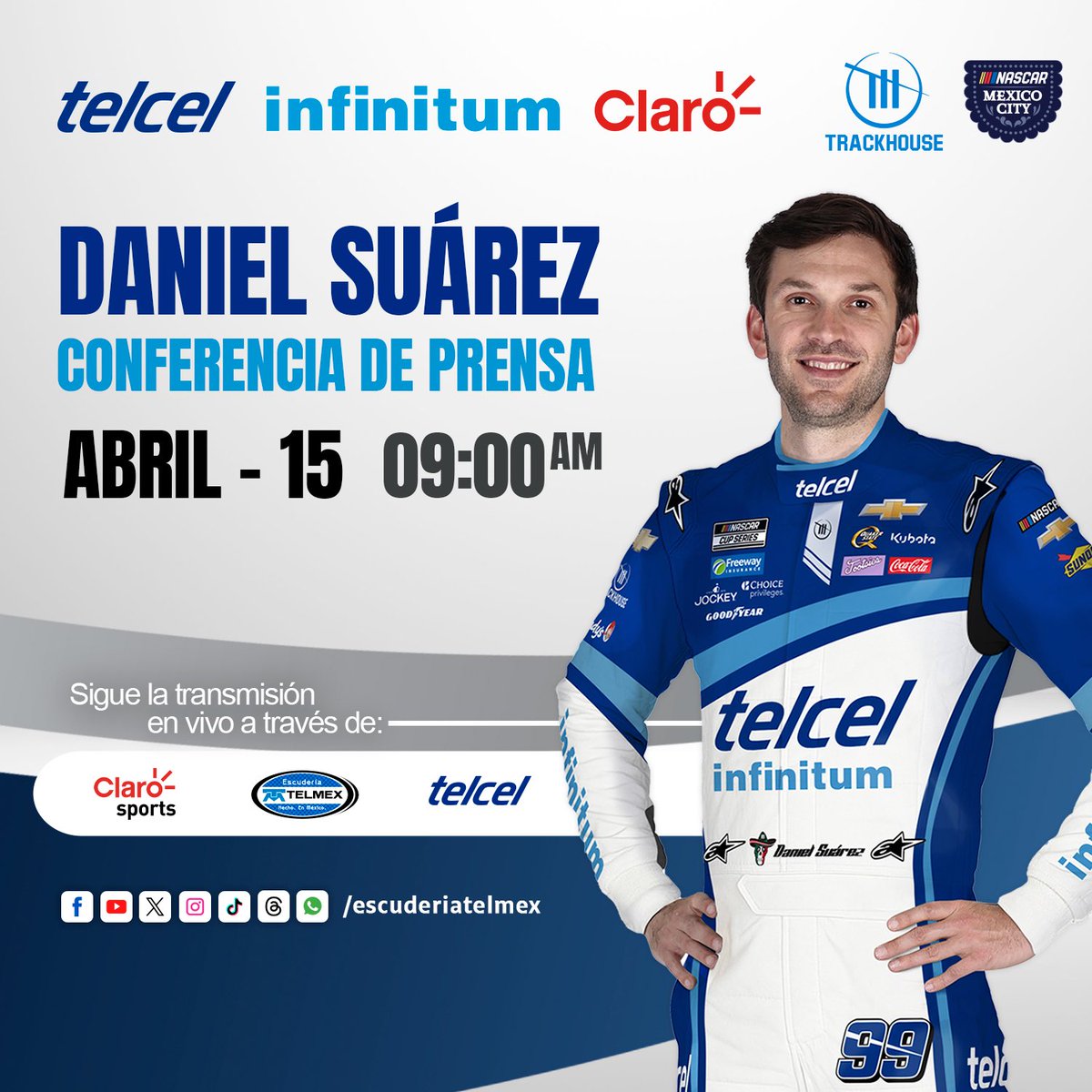 escuderiatelmex's tweet photo. Este martes tendremos conferencia de prensa con @Daniel_SuarezG 😏 

¿Qué pregunta le harían si lo tuvieran enfrente? 🤔🫢 #NASCAR https://t.co/Uu34Q4YFPe