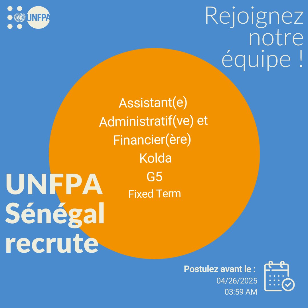 UNFPA Sénégal recrute :
✅Un(e) Assistant(e) Administratif(ve) et Financier(ère)
✅Type de contrat : Fixed Term
✅Lieu d'affectation : Kolda
✅Clôture de l'offre : 26/04/2025
✅Lien : unf.pa/4luZsjB