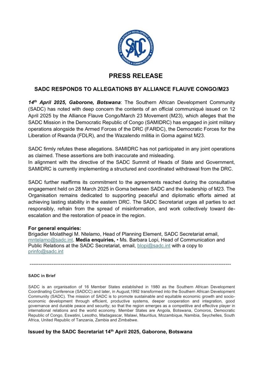 SimaroNgongoMba's tweet photo. SADC ET FARDC PANIQUENT ET PERDENT LEUR SANS-FROID SUITE À LA POSITION TRANCHÉE DE L’ALLIANCE FLEUVE CONGO (#AFC/M23) DE RECONSIDÉRER LES DERNIERS ENGAGEMENTS AU SUJET DES PRISONNIERS DE GUERRE #FARDC ET #SAMIRDC.
TSHISEKEDI RÉALISE QUE SES MANIGANCES CRIMINELLES ONT ÉTÉ MISES À NU.
LA SADC RÉPOND ININTELLIGEMMENT AUX ALLÉGATIONS DE L'ALLIANCE FLAUVE CONGO/M23
- La Communauté de développement de l'Afrique australe (SADC) dit avoir pris note avec une profonde inquiétude du contenu du communiqué officiel publié le 12 avril 2025 par l'Alliance Flauve Congo/Mouvement du 23 mars (M23), qui allègue que la Mission de la SADC en République démocratique du Congo (SAMIDRC) a mené des opérations militaires conjointes aux côtés des Forces armées de la RDC (FARDC), des Forces démocratiques de libération du Rwanda (FDLR) et de la milice Wazalendo à Goma contre le M23.
- La SADC réfute fermement ces allégations. Elle se plaint qu’elle n’a pas participé aux dernières attaques contrairement à ce qui a été affirmé. La SADC réaffirme son engagement envers les accords conclus lors de la réunion consultative tenue le 28 mars 2025 à Goma entre la SADC et les dirigeants de l’AFC/M23. L'Organisation reste déterminée à soutenir les efforts pacifiques et diplomatiques visant à instaurer une stabilité durable dans l'est de la RDC.
- Le Secrétariat de la SADC exhorte toutes les parties à agir de manière responsable, à s'abstenir de diffuser de fausses informations et à œuvrer collectivement à la désescalade et au rétablissement de la paix dans la région.
« CETTE COMMUNICATION PRÉCIPITÉE DE LA SADC PROUVE À SUFFISANCE QUE LA SADC EST DÉMASQUÉE DANS SES MANIGANCES CRIMINELLES EN FAVEUR DE FÉLIX TSHISEKEDI »
