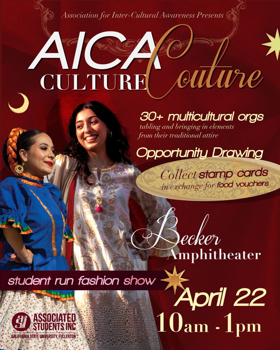 Celebrate culture, creativity, and community at AICA Culture Couture! 🌟
👗 Student-run fashion show
🌎 30+ multicultural org tabling
🍴 Trade stamp cards for food vouchers!
📅 April 22 | ⏰ 10AM–1PM | 📍 Becker Amphitheater
Don’t miss this fusion of fashion and culture 🎉