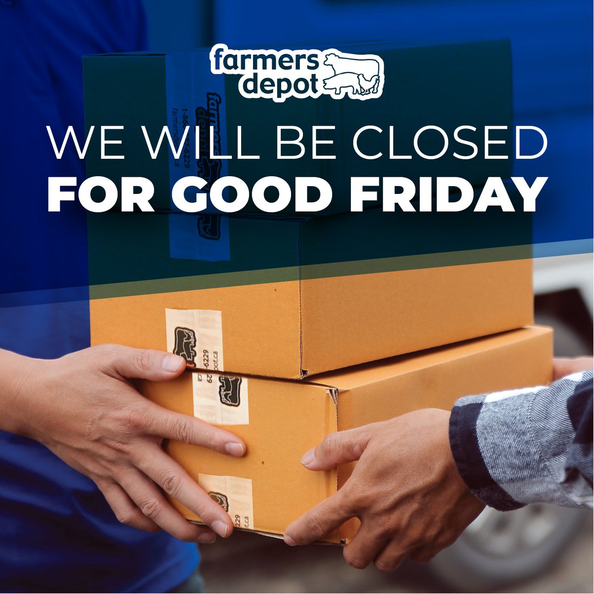 [Holiday Hour Reminder] 
As we reflect on the death and resurrection of our Lord and Saviour this Easter weekend, please note that Farmers Depot will be closed on Good Friday.
We’ll re-open on Monday, April 21, &amp; encourage you to place your orders in advance to avoid any delays.
