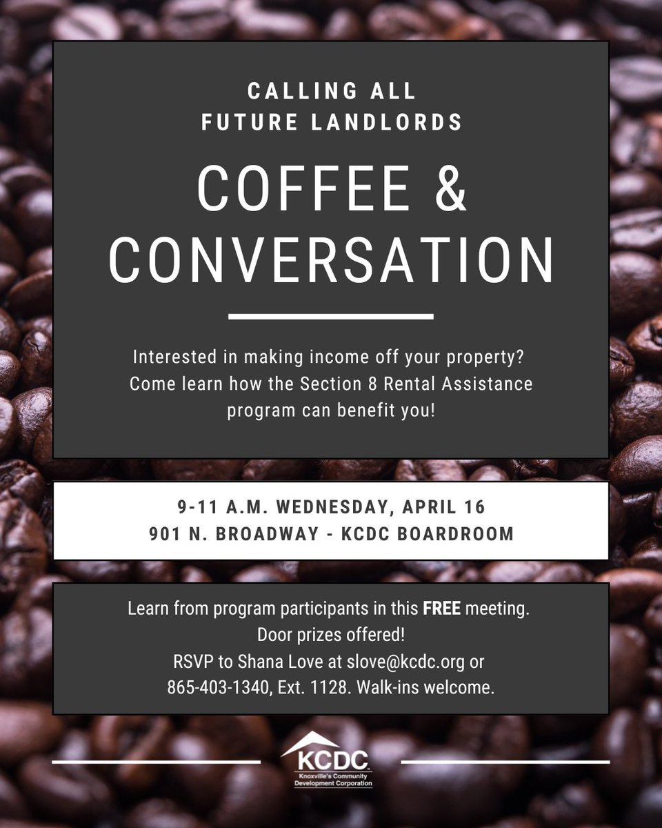 Attention, landlords:
Are you looking for a way to invest in your property? Stop by 9-11 a.m. Wednesday, April 16, to learn about the Section 8 Rental Assistance program. Email slove@kcdc.org or call 865-403-1340, Ext. 1128, to RSVP. Walk-ins also welcome!