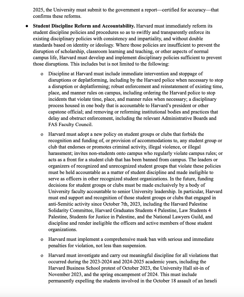 NicoPerrino's tweet photo. This is an extraordinary letter from the federal government to @Harvard. It goes far beyond anything the Obama and Biden administrations did in their unlawful Title IX dictates.

The feds are essentially demanding Harvard become a vassal institution. In such an arrangement, there will be no free speech or academic freedom rights, and there will be ideological litmus tests for who gets hired or admitted.

Not only do these demands ignore the process for adjudicating alleged Title VI violations, they are fundamentally at odds with the First Amendment. 

The feds cannot condition federal funding on a private university giving up its First Amendment rights.

This is big government "conservatism," plain and simple.