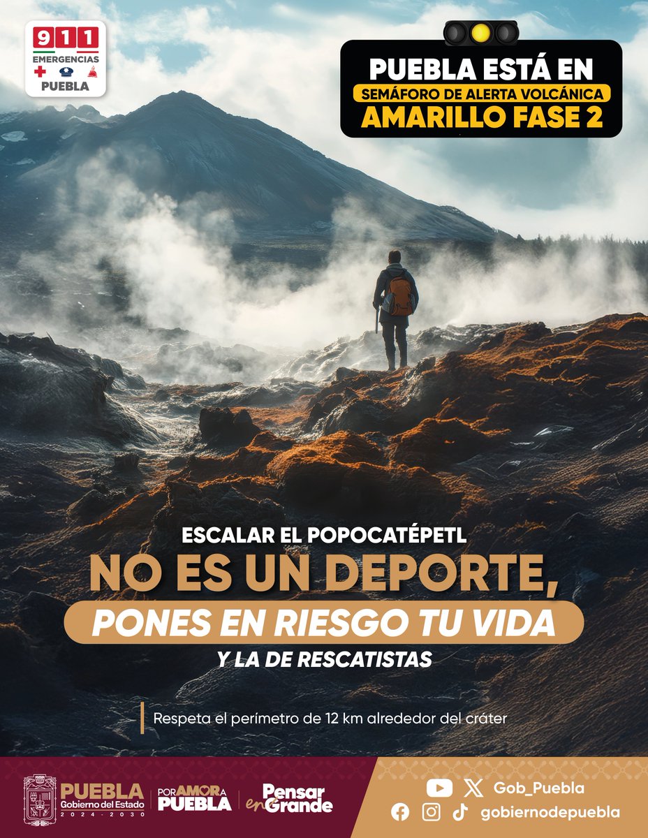 Gob_Puebla's tweet photo. 🌋Por la actividad del #Popocatépetl, no es seguro escalarlo. ❌🧗🚫 Los cambios pueden ser repentinos y peligrosos. ¡Cuida tu vida y sigue las recomendaciones de la @PC_Estatal! #PorAmorAPuebla #PensarEnGrande https://t.co/ybkSpIUWYY