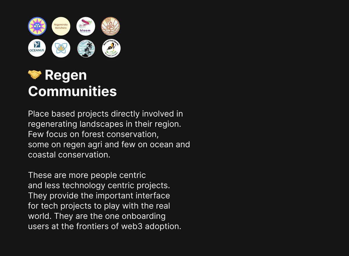 Irthu (@irthusuresh) on Twitter photo 1. Regen Communities - Places & People.
Projects like <a href="/RifaiSicilia/">RifaiSicilia.ETH 🌍 #OCTANT Epoch 7 $GLM</a>, <a href="/cognitivepolicy/">Joe Brewer</a>, <a href="/OurBloomNetwork/">Bloom Network</a> , <a href="/ekonavi_com/">Ekonavi</a>, <a href="/bees_hope/">Bees and Trees Uganda</a>, <a href="/RodovidMe/">Maksym Zalevskyi GEN Ukraine #Octant</a> are restoring land, forests, biodiversity and the soil. While <a href="/GiliEcoTrust/">Gili Eco Trust</a> & <a href="/OceanusPH/">Oceanus Conservation Philippines</a> are restoring coastal & marine ecosystem. 1. Regen Communities - Places & People.
Projects like <a href="/RifaiSicilia/">RifaiSicilia.ETH 🌍 #OCTANT Epoch 7 $GLM</a>, <a href="/cognitivepolicy/">Joe Brewer</a>, <a href="/OurBloomNetwork/">Bloom Network</a> , <a href="/ekonavi_com/">Ekonavi</a>, <a href="/bees_hope/">Bees and Trees Uganda</a>, <a href="/RodovidMe/">Maksym Zalevskyi GEN Ukraine #Octant</a> are restoring land, forests, biodiversity and the soil. While <a href="/GiliEcoTrust/">Gili Eco Trust</a> & <a href="/OceanusPH/">Oceanus Conservation Philippines</a> are restoring coastal & marine ecosystem.