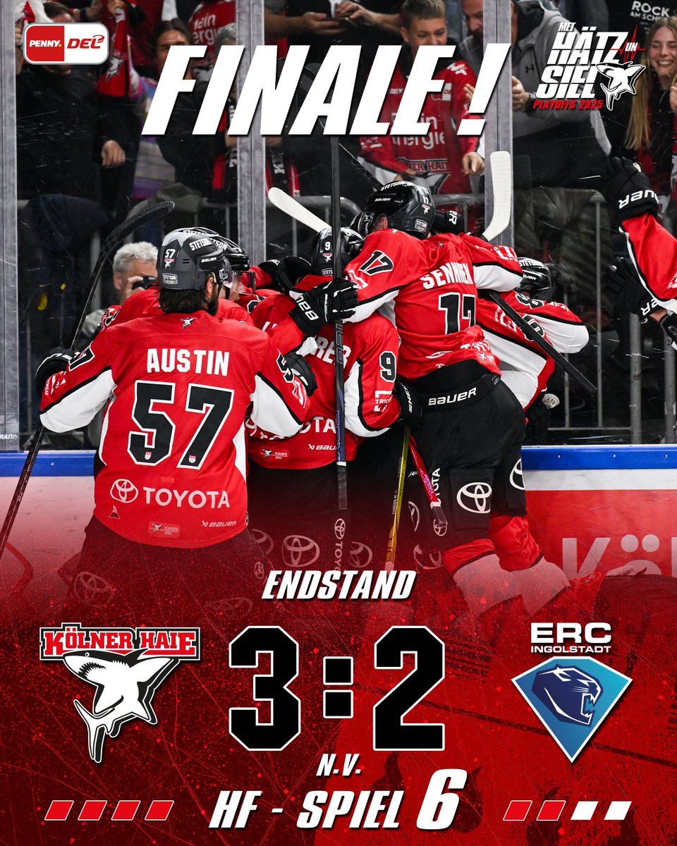 Kölner Haie (@koelner_haie_72) on Twitter photo FINAAAAAAAAAAAAALE!
WIR HABEN ES ALLE ZUSAMMEN GESCHAFFT!
Wir gewinnen Spiel 6 der Halbfinal-Serie mit 3:2 in der Verlängerung und spielen im Endspiel gegen Berlin um die Deutsche Meisterschaft! FINAAAAAAAAAAAAALE!
WIR HABEN ES ALLE ZUSAMMEN GESCHAFFT!
Wir gewinnen Spiel 6 der Halbfinal-Serie mit 3:2 in der Verlängerung und spielen im Endspiel gegen Berlin um die Deutsche Meisterschaft!