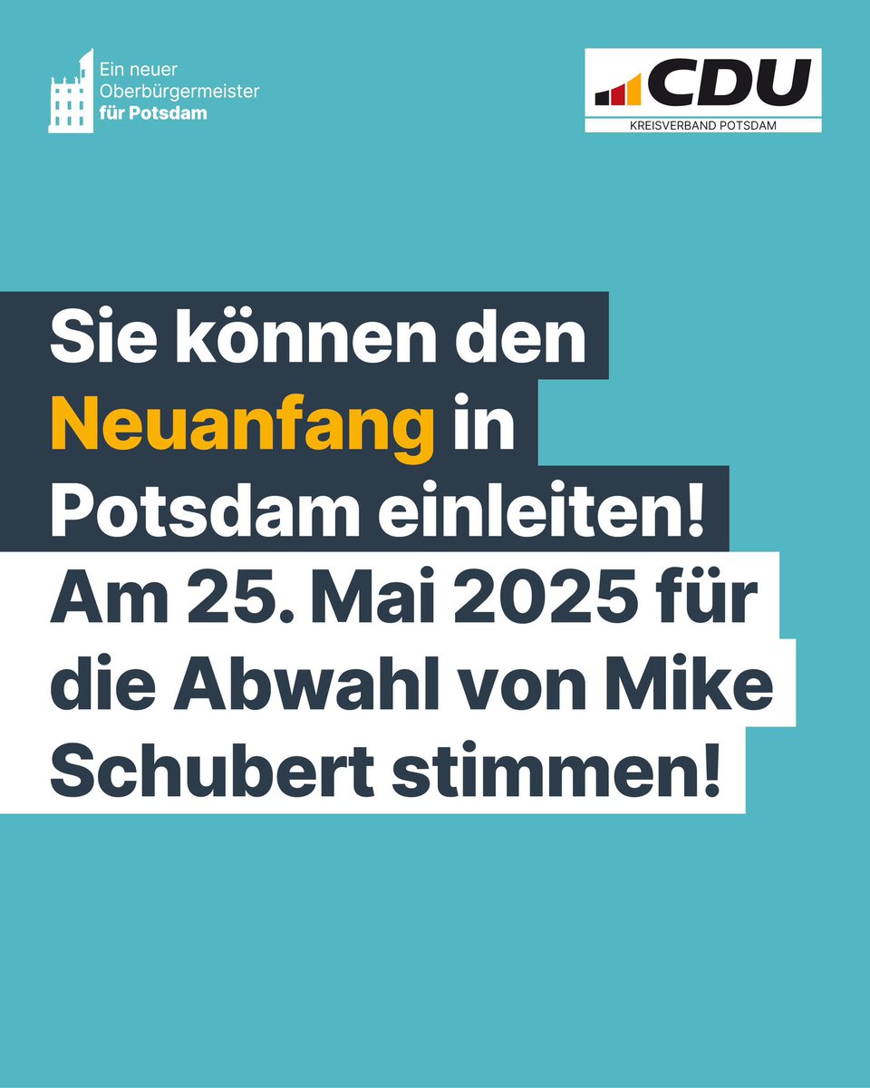 Am 25. Mai #MikeSchubert abwählen! 75 % der SVV sagen: Es ist Zeit für einen #Neuanfang. Jetzt sind Sie gefragt – mit Ihrer Stimme für mehr Verlässlichkeit, Führung &amp; Vertrauen in Potsdam.
#CDUPotsdam #Bürgerentscheid #Abwahl #MikeSchubert