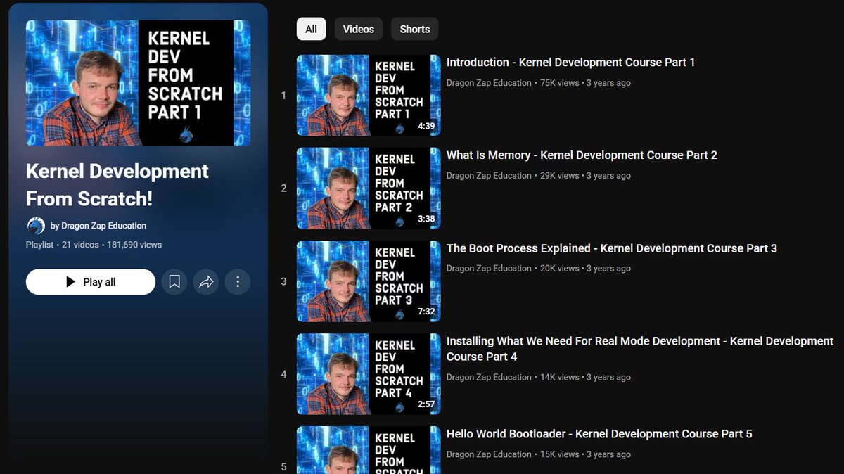 RuiCarrilho5's tweet photo. Here's Kernel Development From Scratch! This nice little playlist teaches you all you need to know about kernels, all in C. Enjoy! https://t.co/DFZMKAZE5H