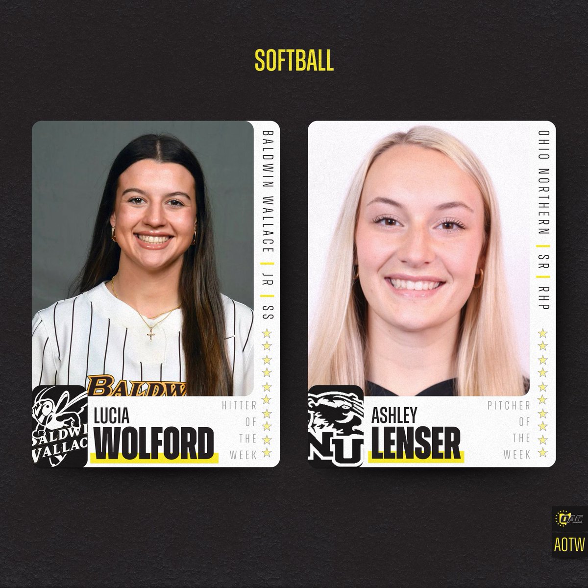 OHAthleticConf's tweet image. Athletes of the Week | Softball 🥎  

Lucia Wolford, @bwathletics 
Ashley Lenser, @ONUsports 

#OAC | #d3softball