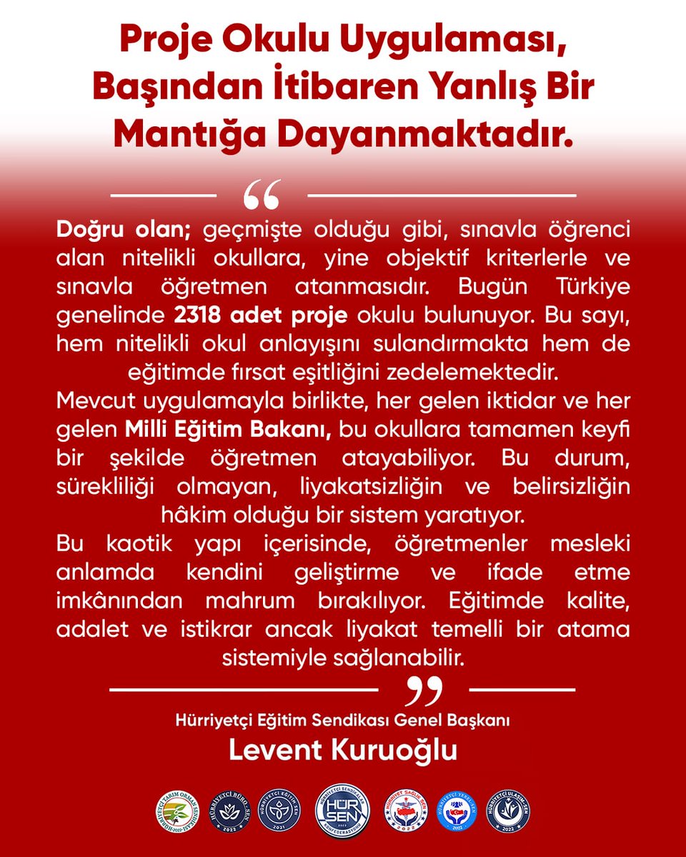 Proje Okulu Uygulaması, Başından İtibaren Yanlış Bir Mantığa Dayanmaktadır.
<a href="/HurEgitimSen/">Hürriyetçi Eğitim Sen Genel Merkezi</a> 
<a href="/leventkuruoglu/">Levent Kuruoğlu</a> 
<a href="/tcmeb/">Millî Eğitim Bakanlığı</a> 
<a href="/Yusuf__Tekin/">Yusuf Tekin</a>