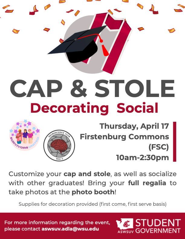 🎓 Deck out your cap &amp; stole + snap grad pics 📸
Join us for the Cap &amp; Stole Decorating Social!
🗓 April 17 | 🕙 10AM–2:30PM
📍 FSC @ WSU Vancouver
✨Supplies provided (while they last!)
#WSUVGrad #ASWSUV #GraduationReady
