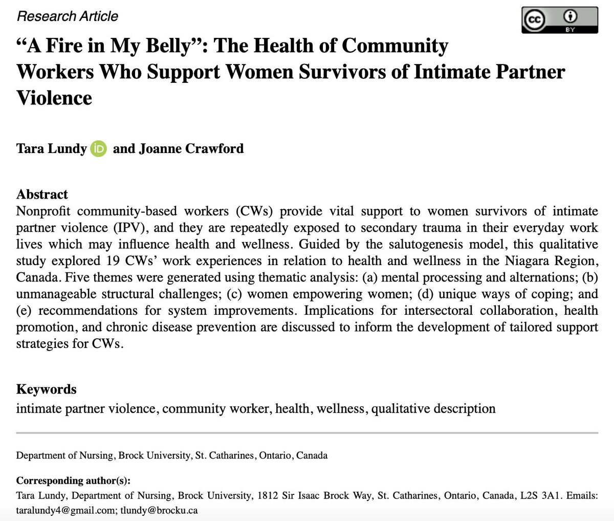 VAWJournal's tweet image. Guided by the salutogenesis model, these authors qualitatively explored how supporting women survivors of IPV may influence the health and wellness outcomes of 19 Canadian community-based workers.
📑 Learn more about the five themes they identified here: journals.sagepub.com/doi/full/10.11…